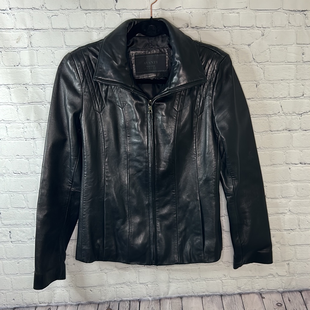 Avanti New York Petite Black Genuine Leather Fully Lined Zippers Jacket Sz Ps